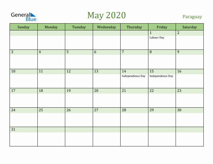 May 2020 Calendar with Paraguay Holidays