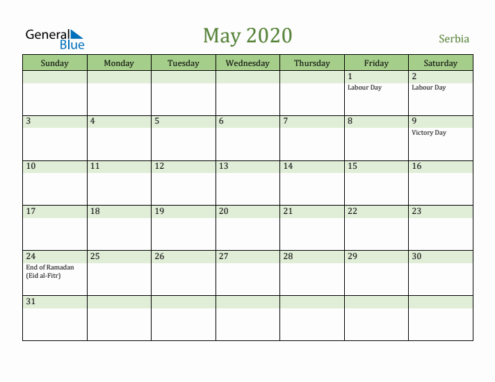 May 2020 Calendar with Serbia Holidays