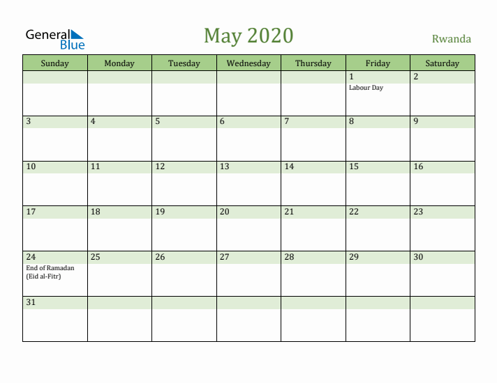 May 2020 Calendar with Rwanda Holidays