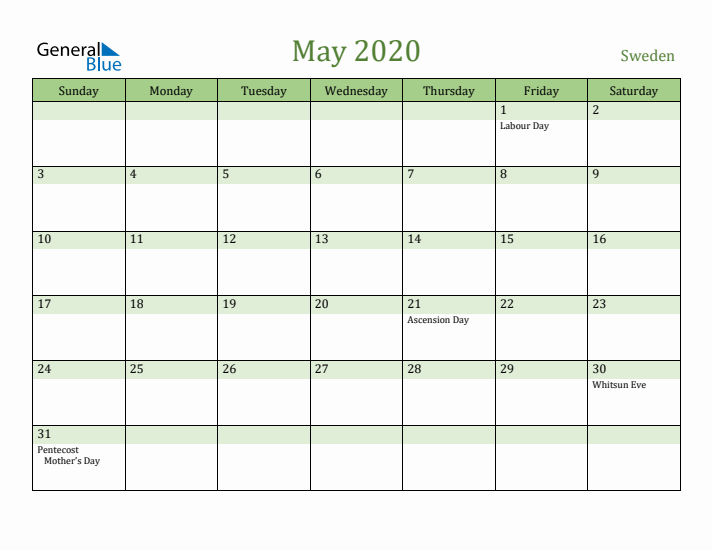May 2020 Calendar with Sweden Holidays