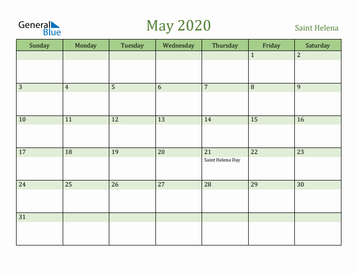 May 2020 Calendar with Saint Helena Holidays