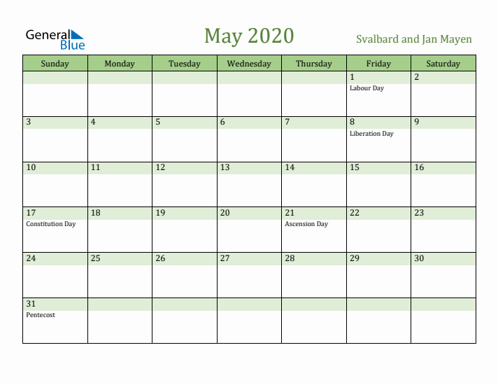 May 2020 Calendar with Svalbard and Jan Mayen Holidays