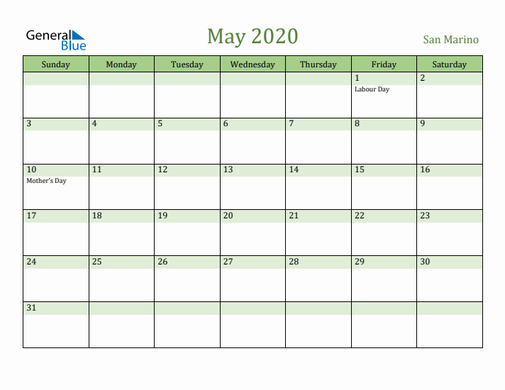 May 2020 Calendar with San Marino Holidays