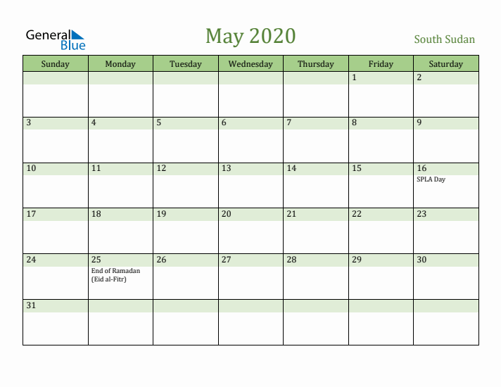 May 2020 Calendar with South Sudan Holidays
