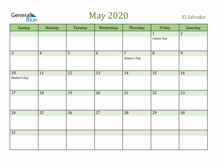 May 2020 Calendar with El Salvador Holidays