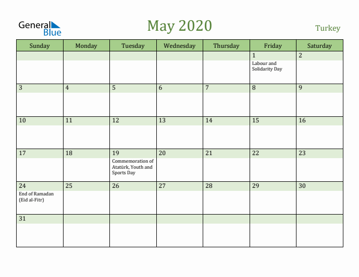 May 2020 Calendar with Turkey Holidays