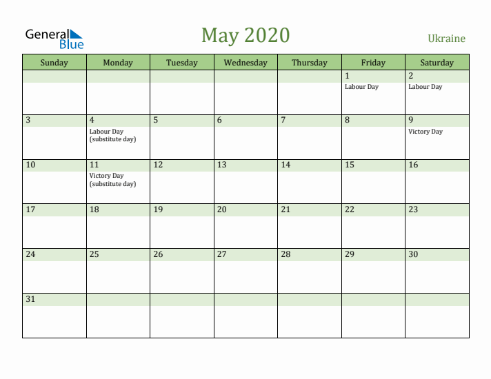 May 2020 Calendar with Ukraine Holidays