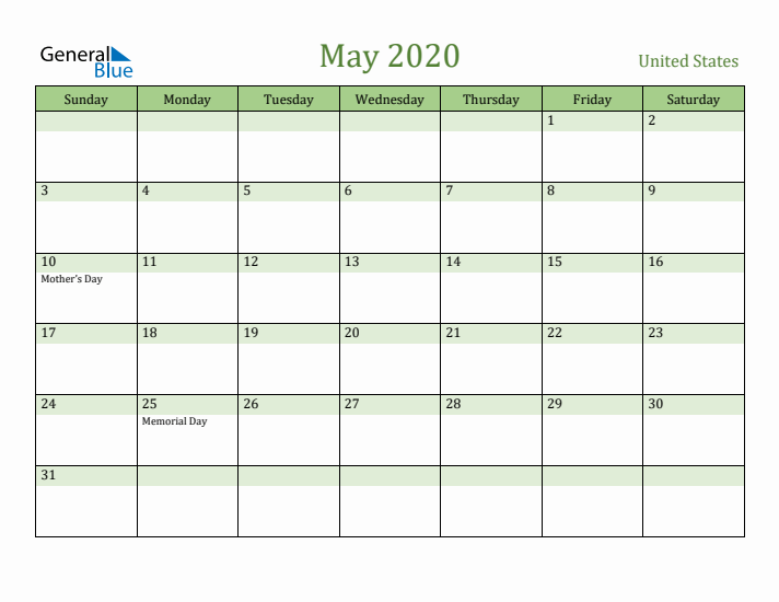 May 2020 Calendar with United States Holidays