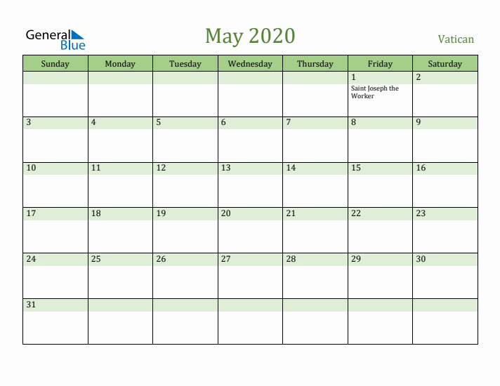 May 2020 Calendar with Vatican Holidays