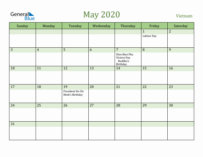 May 2020 Calendar with Vietnam Holidays