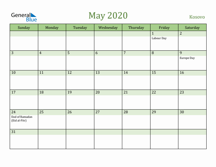 May 2020 Calendar with Kosovo Holidays
