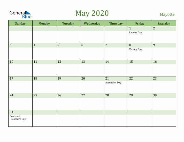 May 2020 Calendar with Mayotte Holidays