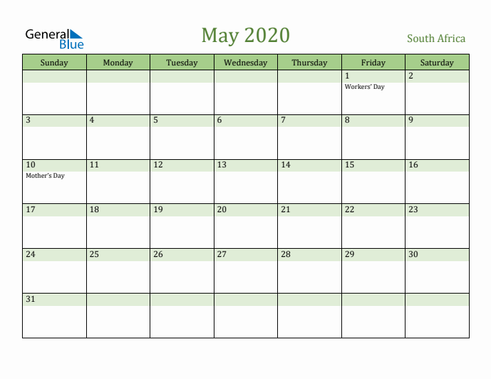 May 2020 Calendar with South Africa Holidays