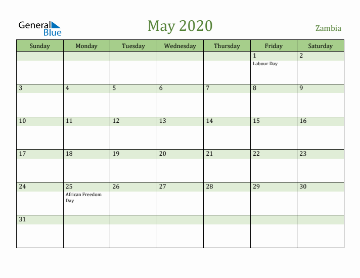 May 2020 Calendar with Zambia Holidays