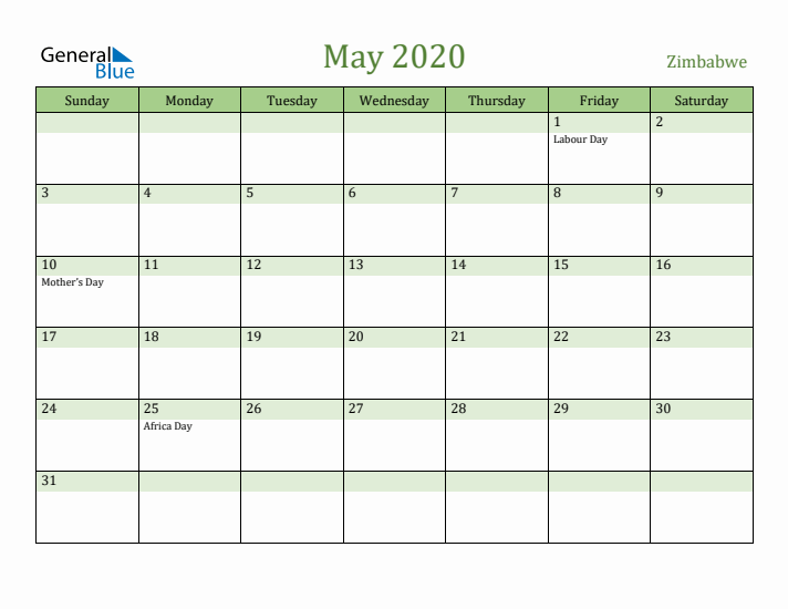 May 2020 Calendar with Zimbabwe Holidays