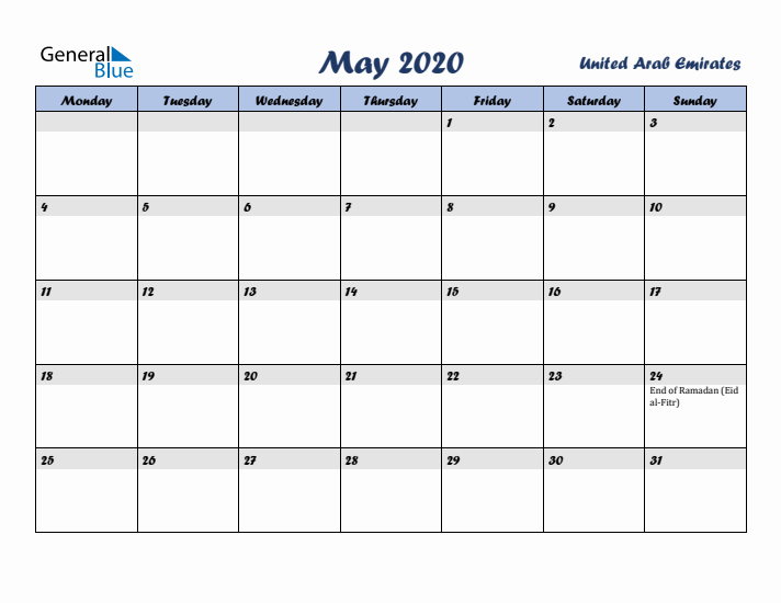 May 2020 Calendar with Holidays in United Arab Emirates
