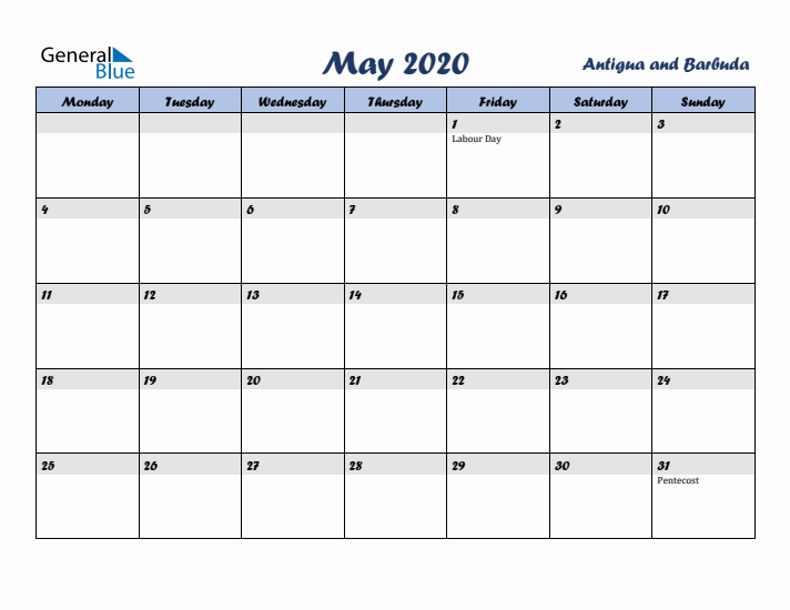 May 2020 Calendar with Holidays in Antigua and Barbuda