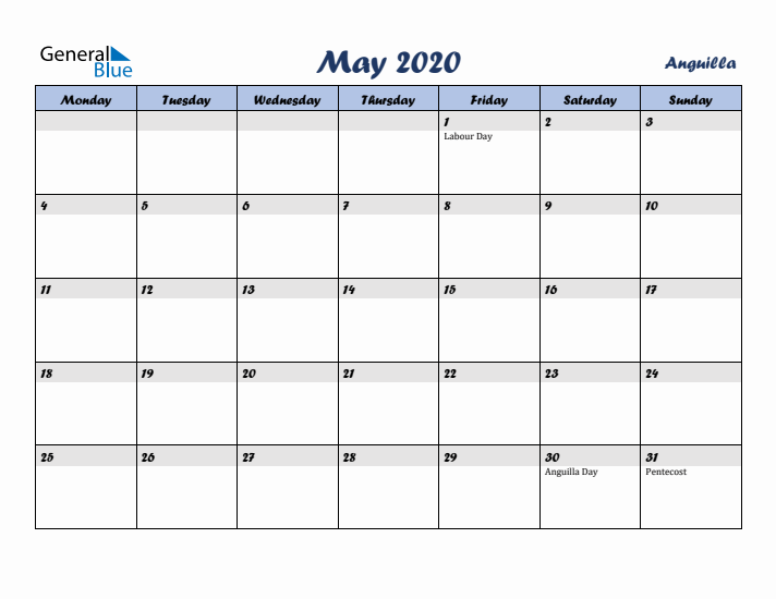 May 2020 Calendar with Holidays in Anguilla