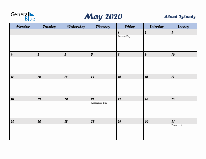 May 2020 Calendar with Holidays in Aland Islands
