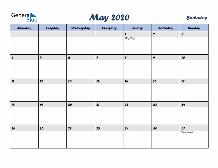 May 2020 Calendar with Holidays in Barbados