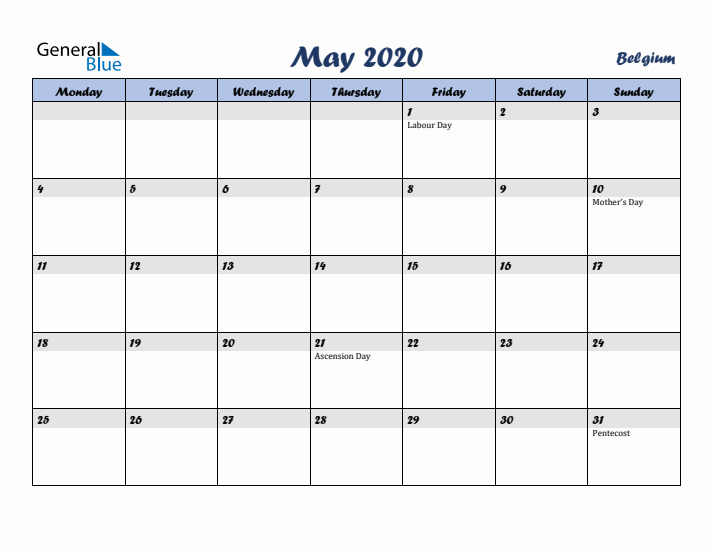 May 2020 Calendar with Holidays in Belgium