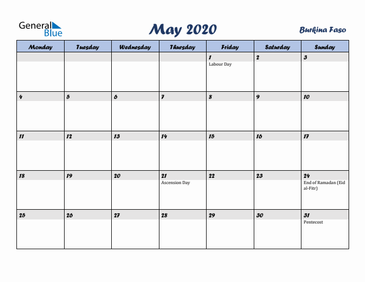 May 2020 Calendar with Holidays in Burkina Faso