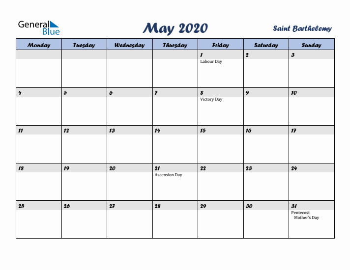 May 2020 Calendar with Holidays in Saint Barthelemy