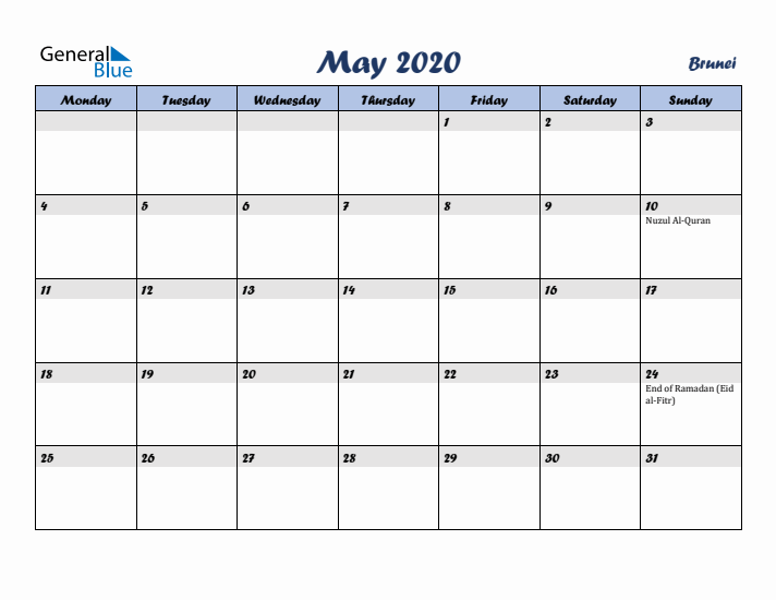 May 2020 Calendar with Holidays in Brunei