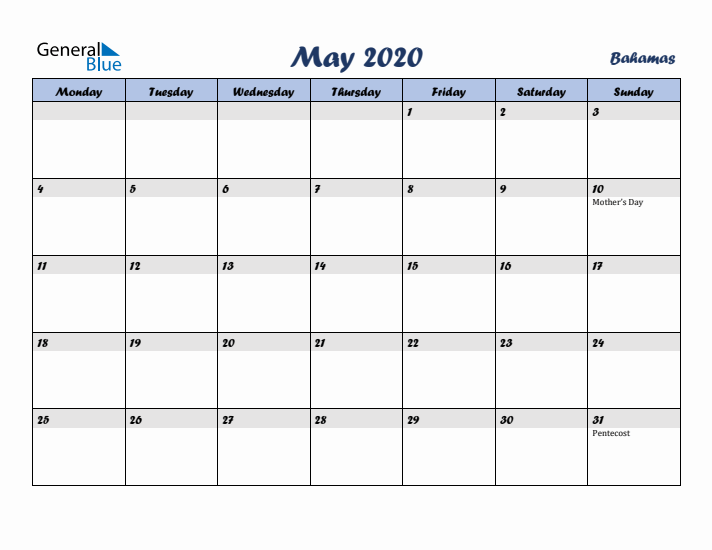 May 2020 Calendar with Holidays in Bahamas