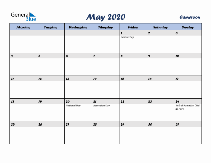 May 2020 Calendar with Holidays in Cameroon