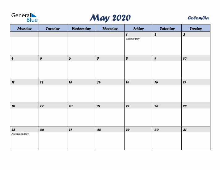 May 2020 Calendar with Holidays in Colombia