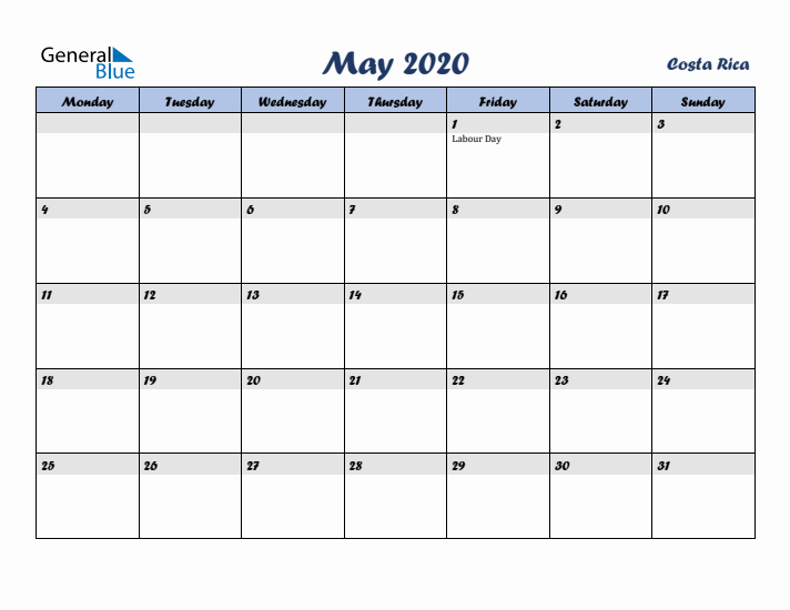 May 2020 Calendar with Holidays in Costa Rica
