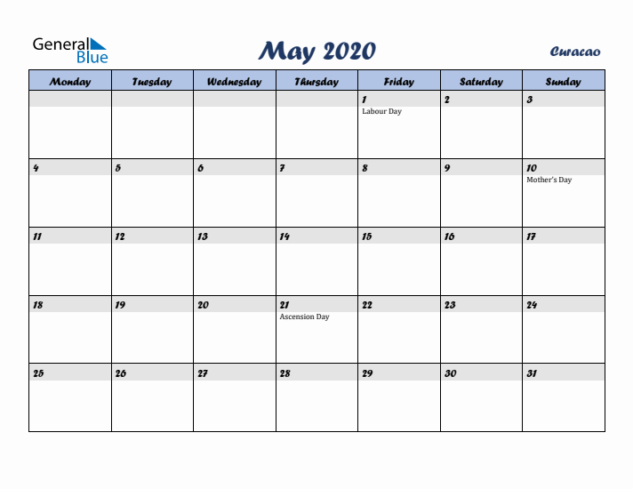 May 2020 Calendar with Holidays in Curacao