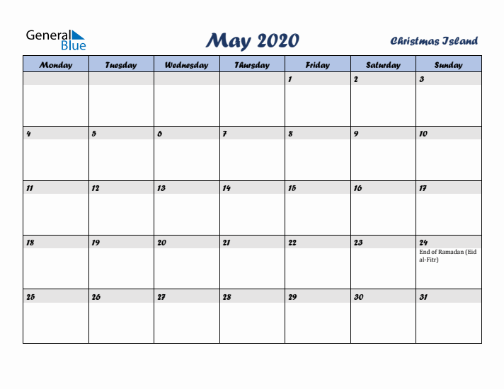 May 2020 Calendar with Holidays in Christmas Island