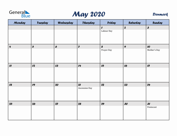 May 2020 Calendar with Holidays in Denmark