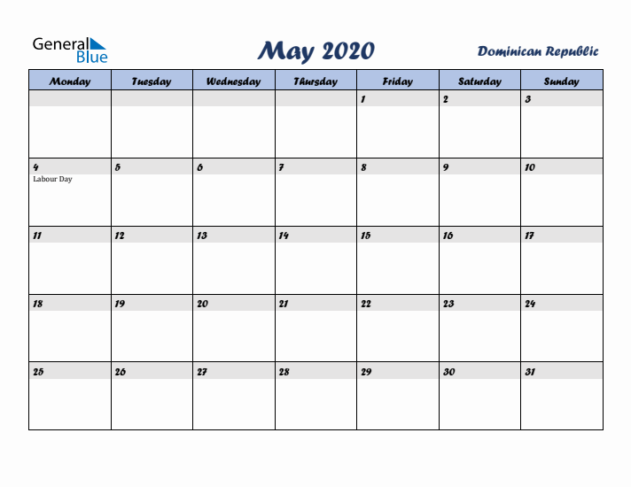 May 2020 Calendar with Holidays in Dominican Republic
