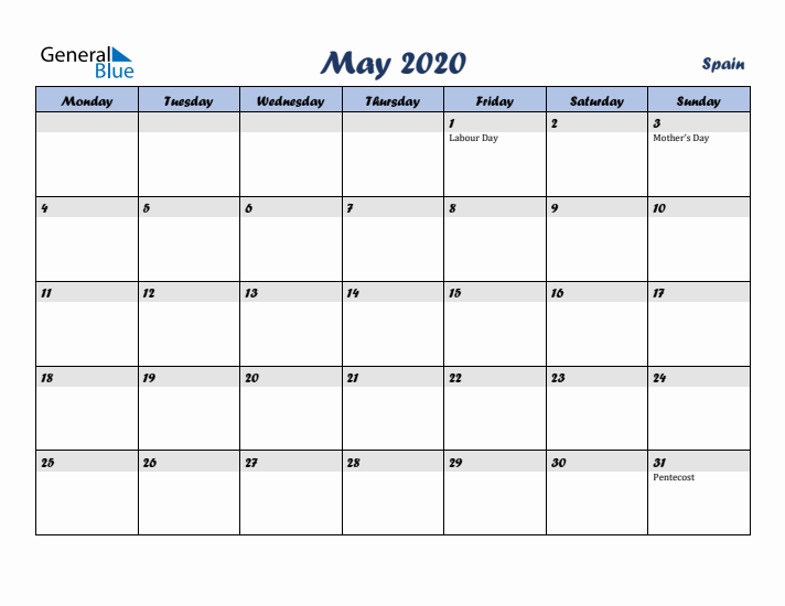 May 2020 Calendar with Holidays in Spain