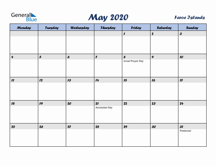 May 2020 Calendar with Holidays in Faroe Islands
