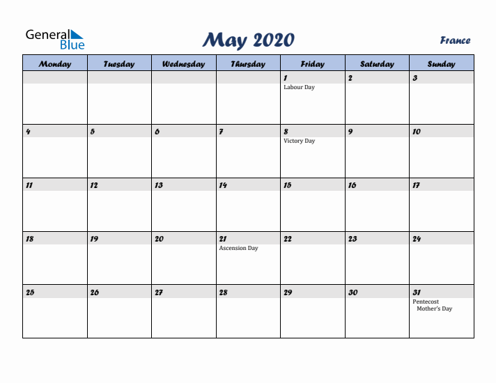 May 2020 Calendar with Holidays in France