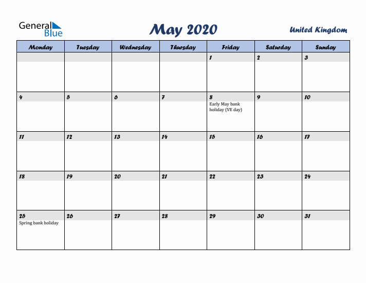 May 2020 Calendar with Holidays in United Kingdom