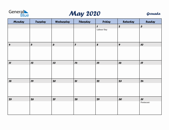 May 2020 Calendar with Holidays in Grenada