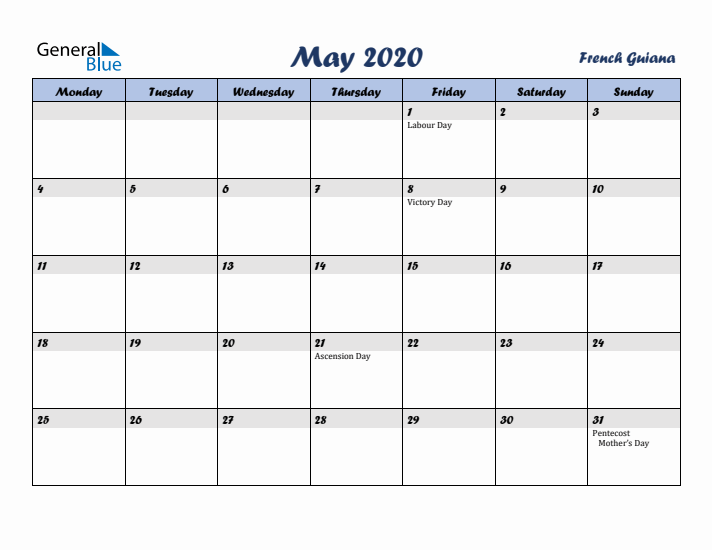 May 2020 Calendar with Holidays in French Guiana