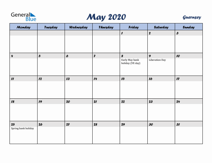 May 2020 Calendar with Holidays in Guernsey