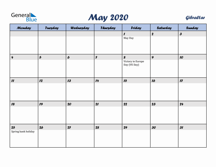 May 2020 Calendar with Holidays in Gibraltar