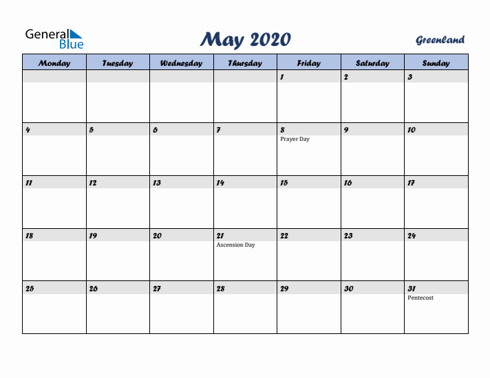 May 2020 Calendar with Holidays in Greenland
