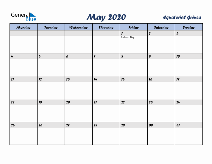 May 2020 Calendar with Holidays in Equatorial Guinea