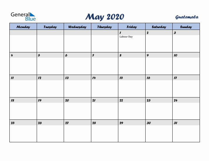 May 2020 Calendar with Holidays in Guatemala