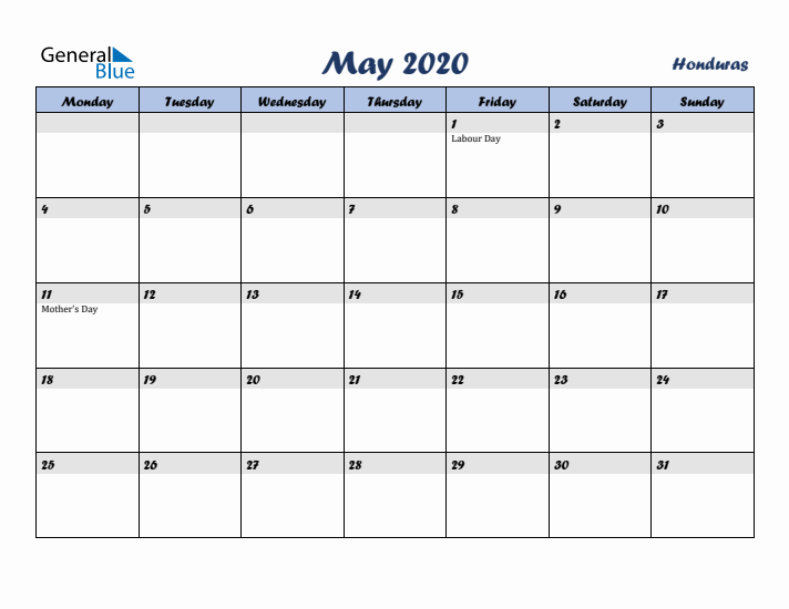 May 2020 Calendar with Holidays in Honduras