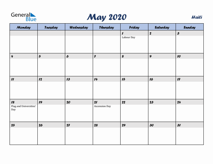 May 2020 Calendar with Holidays in Haiti