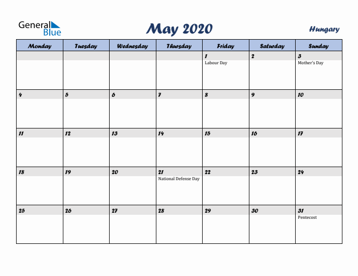 May 2020 Calendar with Holidays in Hungary